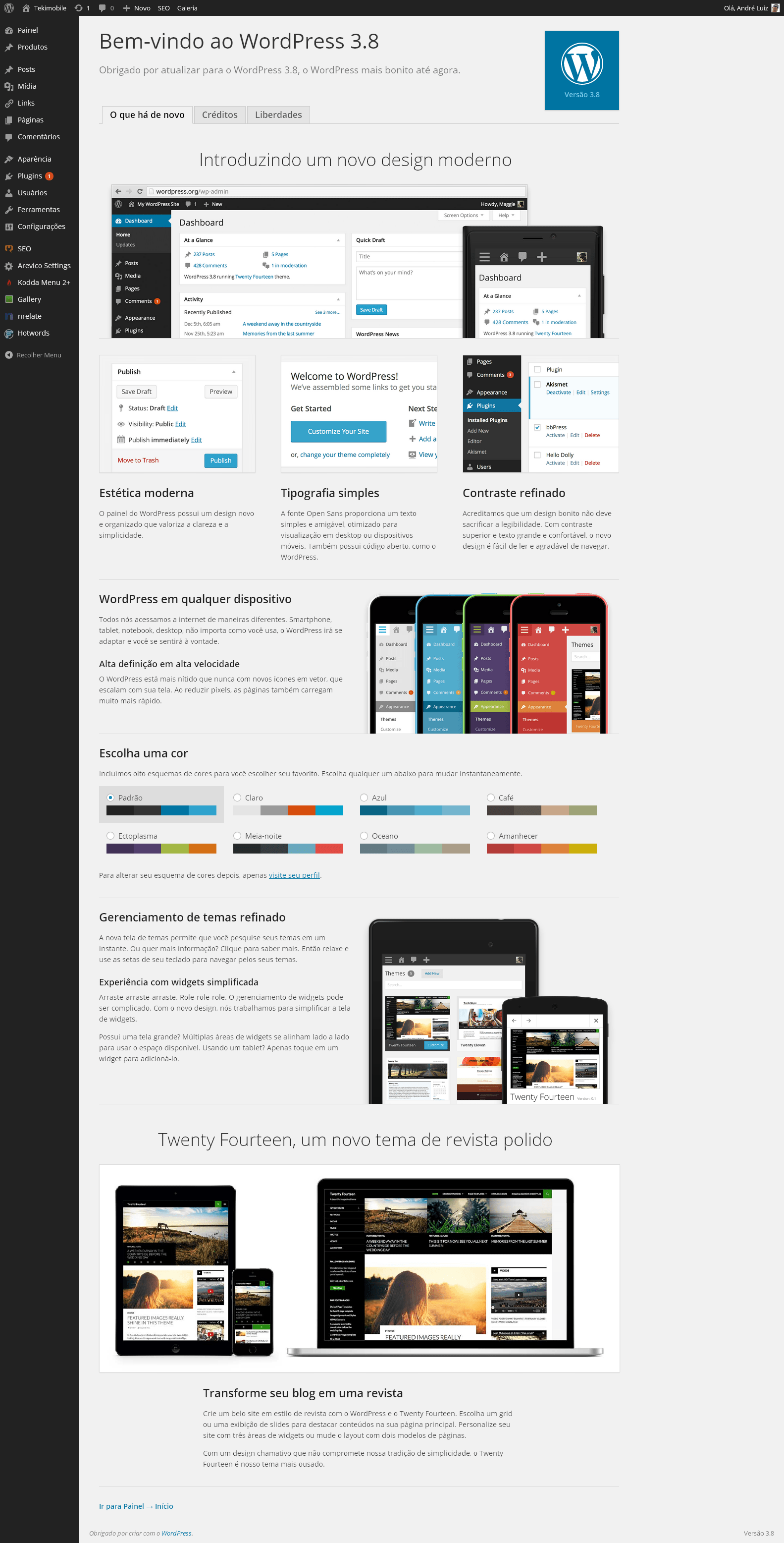 Interface administrativa do novo Wordpress no PC
