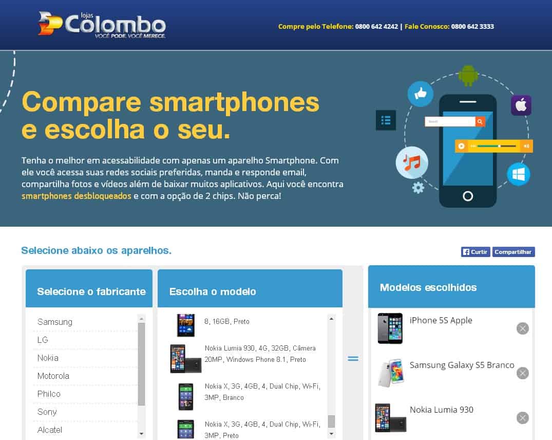Lojas Colombo lança comparador de smartphones