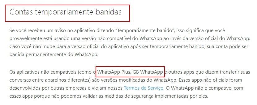 Imagem mostra que o WhatsApp pode banir usuários do WhatsApp GB
