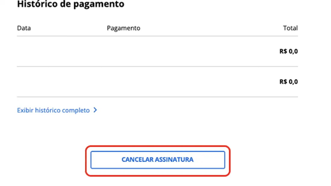 Clique no botão cancelar assinatura para continuar com o processo