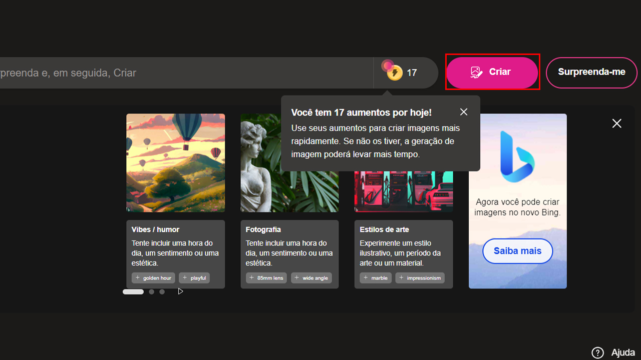 criar imagens por IA bing